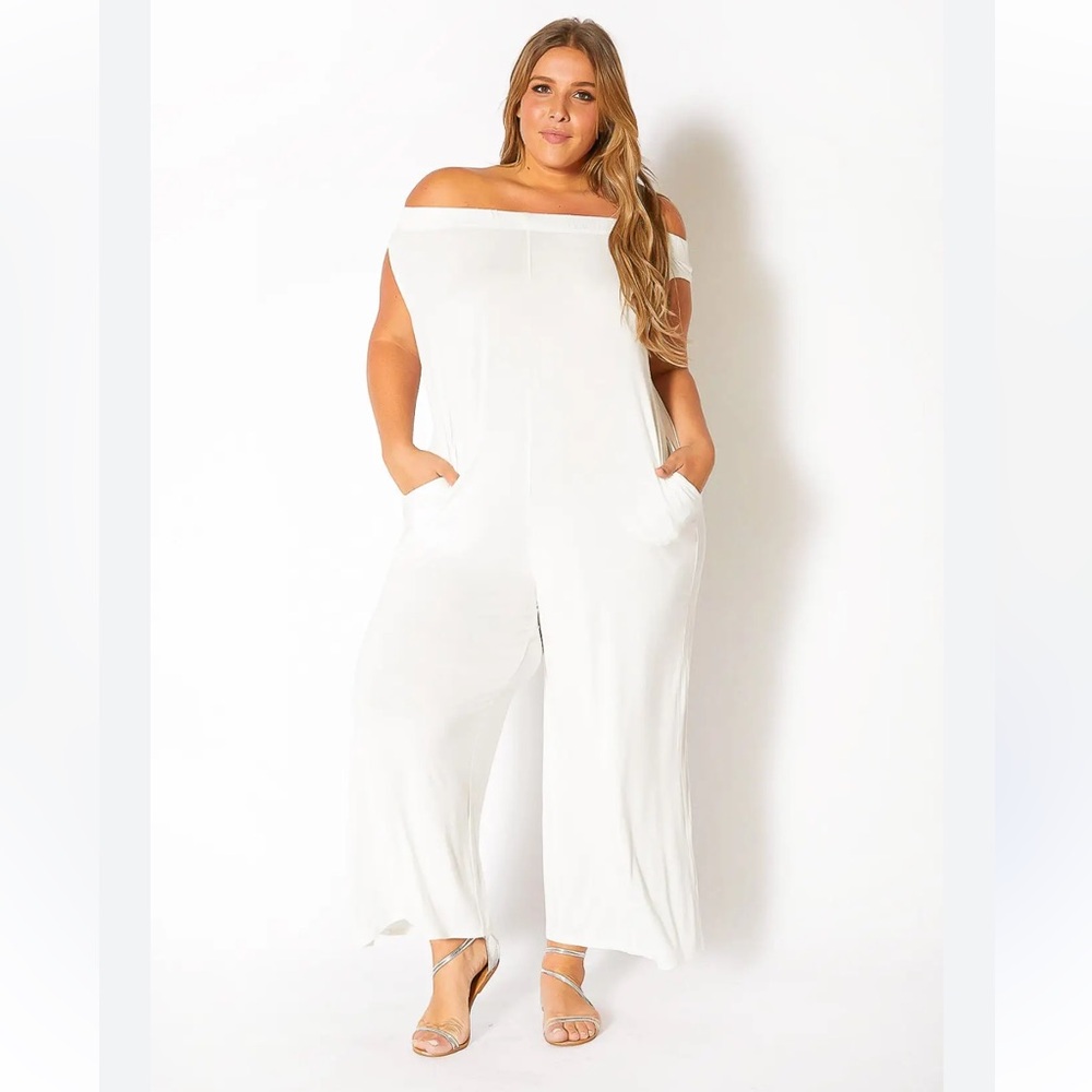 Bellatrix Off-Shoulder White  Stretchy Jumpsuit
